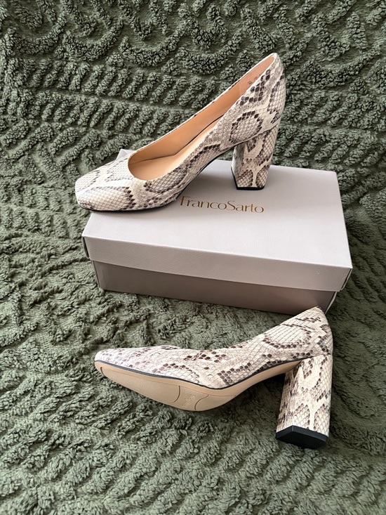 Franco Sarto Shoes - Franco Sarto Beige Snake-Print Block Heel Pumps